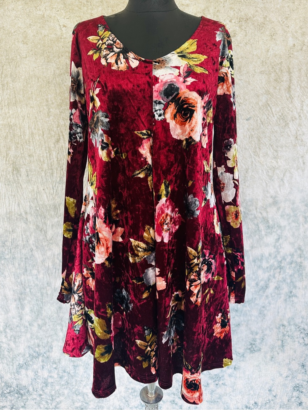 Floral Velvet Long-Sleeve Swing Dress - Burgundy Floral